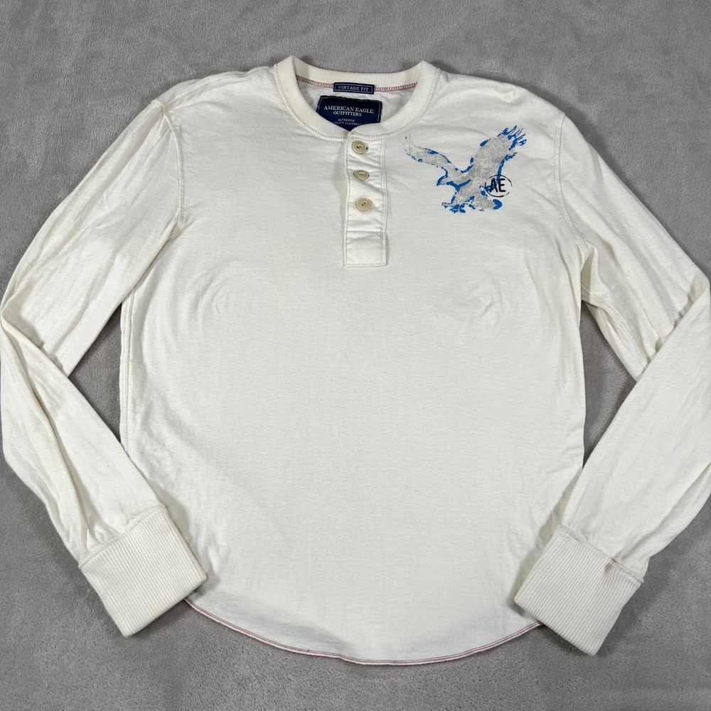 American Eagle Outfitters Henley Shirt Mens Medium White Vintage Fit Long Sleeve